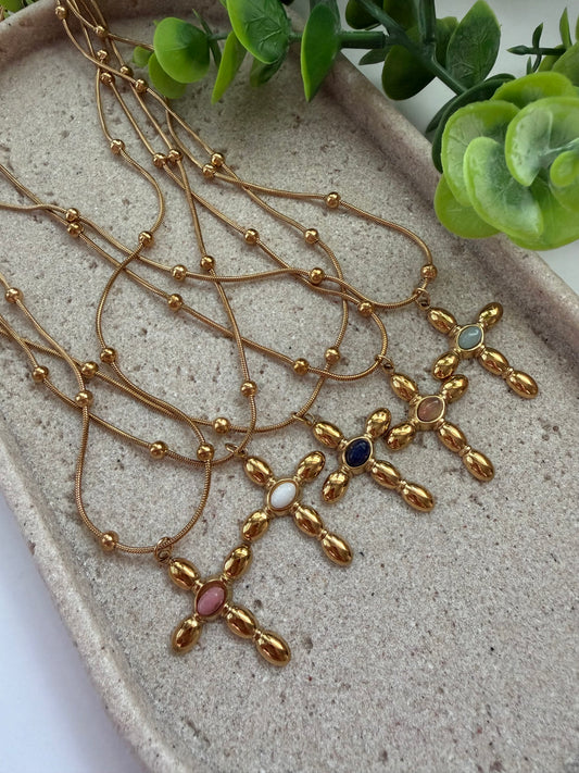 Cadena Satélite con Cruz y Piedra Natural